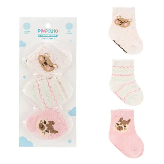 KIT MEIA PRESENTE C/3 PRS 00-15 FEM PIMPOLHO ROSA URSO/CHEVRON/LHAMA