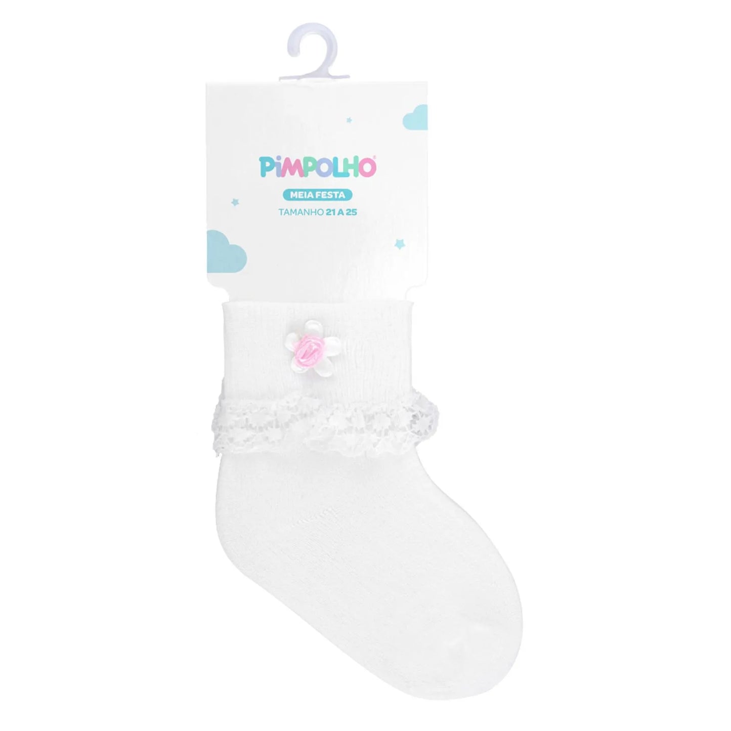 MEIA FESTA 21-25 FEMININA PIMPOLHO BRANCA/FLOR ROSA