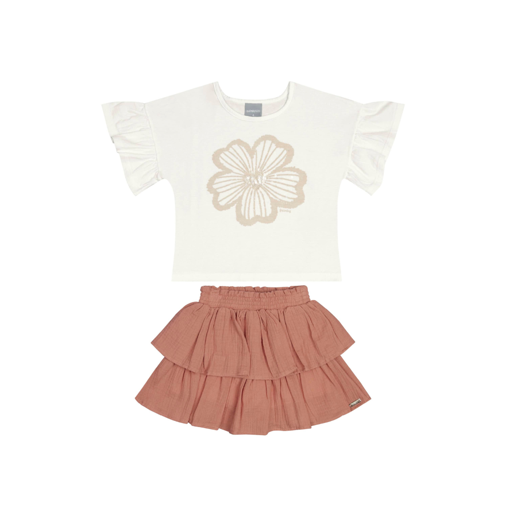 CONJUNTO BLUSA MALHA E SAIA-SHORT TECIDO E MALHA
