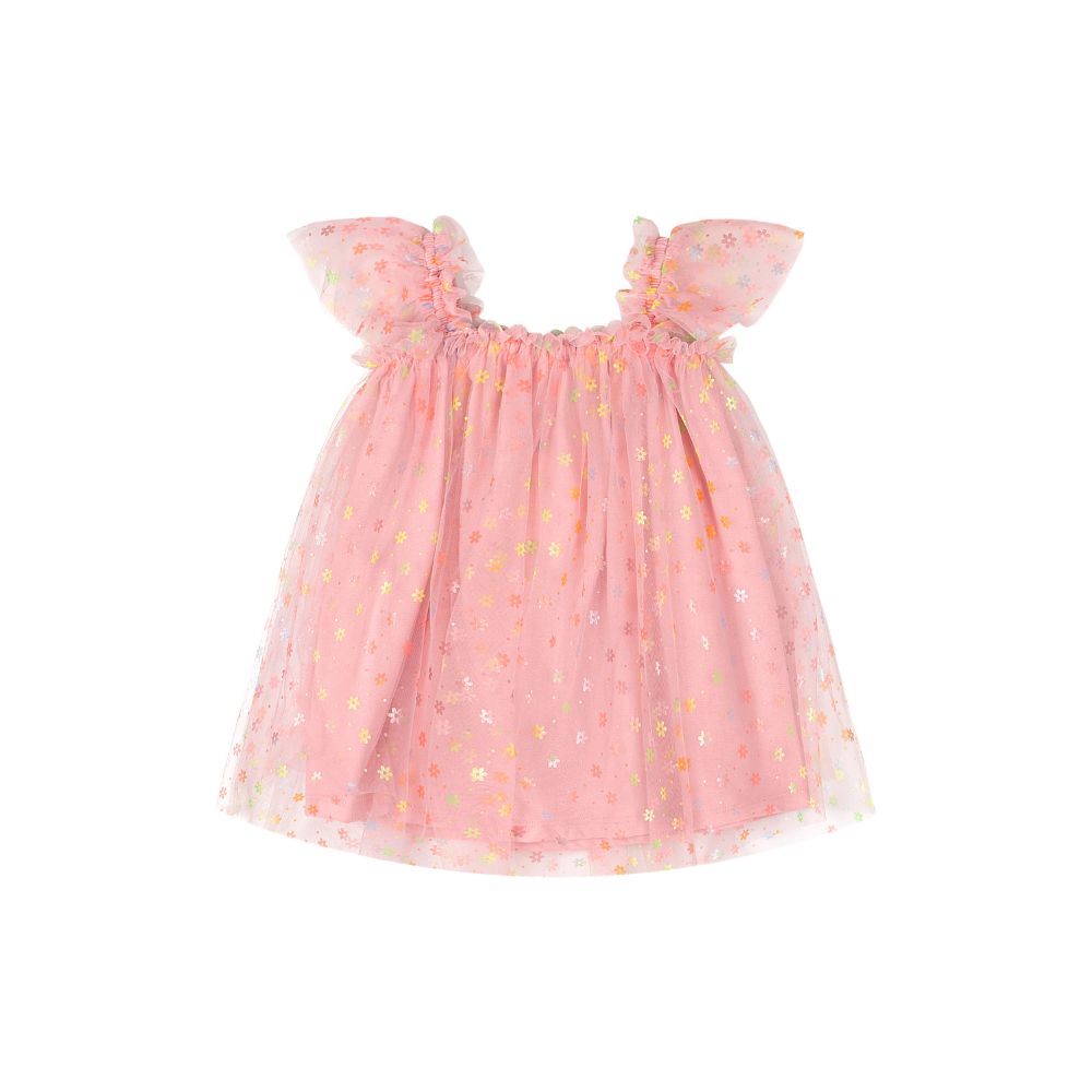VESTIDO DE ALCAS EM TULE E MEIA MALHA ROSA