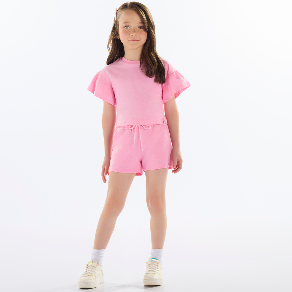 SHORT EM MOLETOM SEM FELPA ROSA/PRETO/LILAS