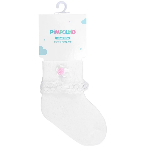 MEIA FESTA 00-15 FEMININA PIMPOLHO BRANCA/FLOR ROSA