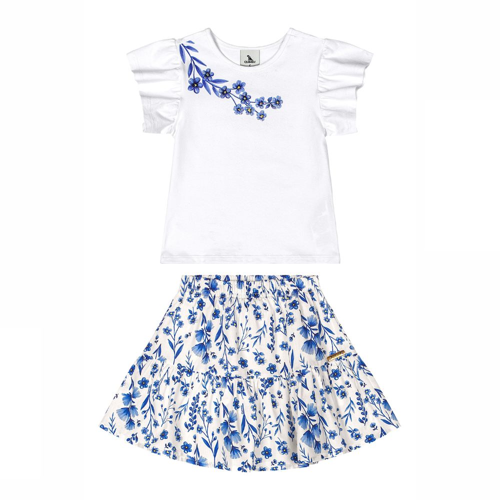 CONJUNTO BLUSA COTTON E SAIA TECIDO COM SHORT MALHA BRANCO