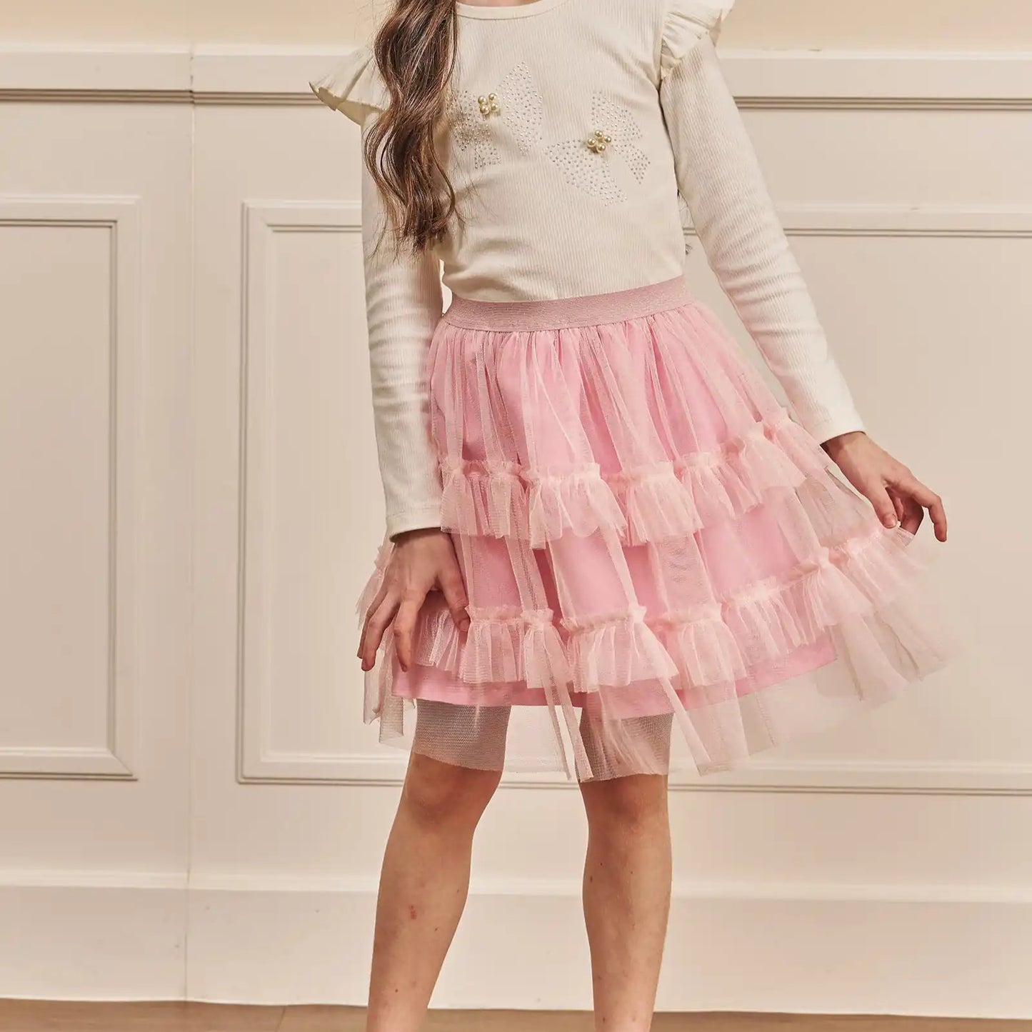 SAIA EM TULE COM ELASTANO ROSA CLARO E PRETO 79596