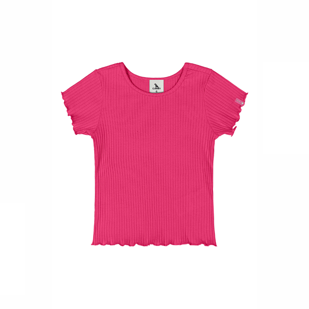 BLUSA MANGA CURTA EM RIBANA CANELADA FRAMBOESA/NATURAL/PRETO