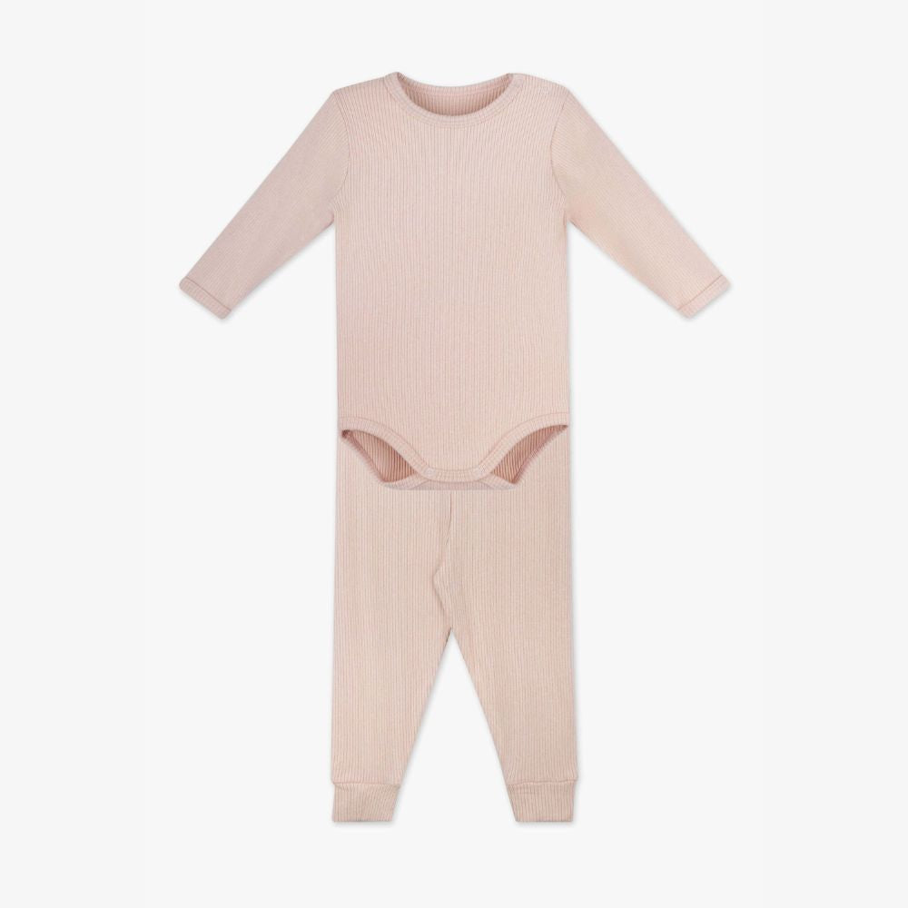CONJUNTO DE BODY MELANGE CANELADO CINZA/BEGE/ROSA (RN AO GG)