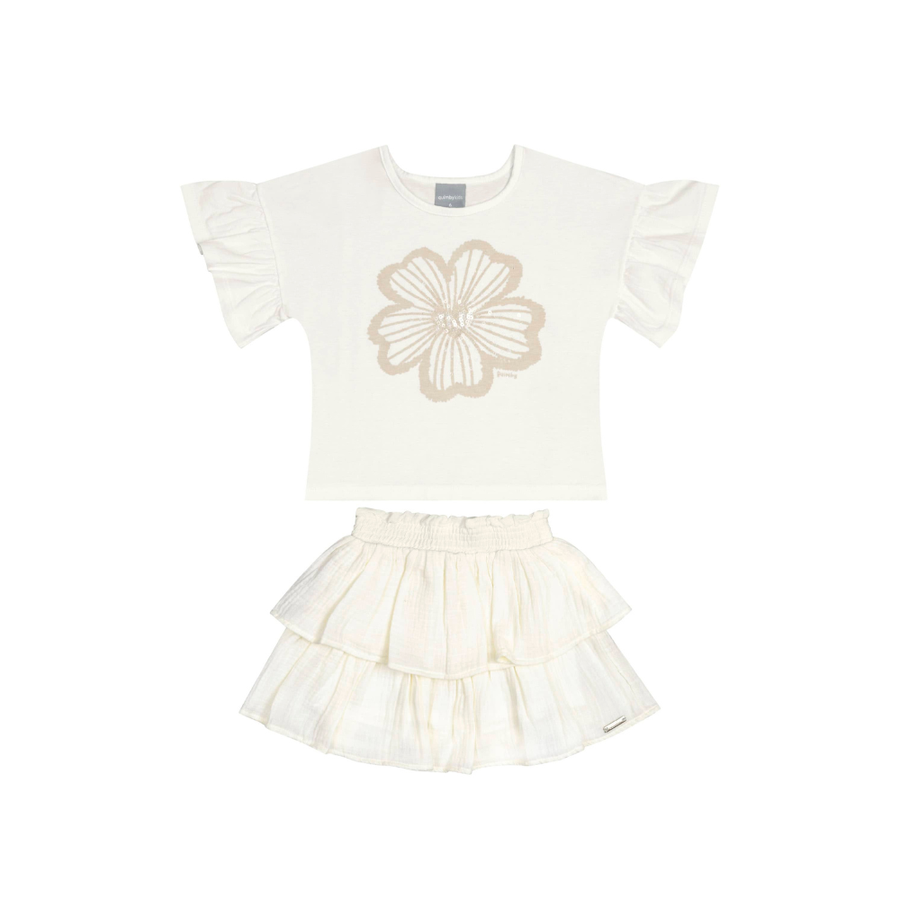 CONJUNTO BLUSA MALHA E SAIA-SHORT TECIDO E MALHA