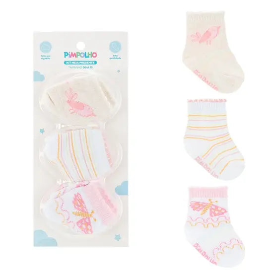 KIT MEIA PRESENTE C/3 00-15 FEM PIMPOLHO BEGE PASSARINHO/LISTRAS/PASSARINHO