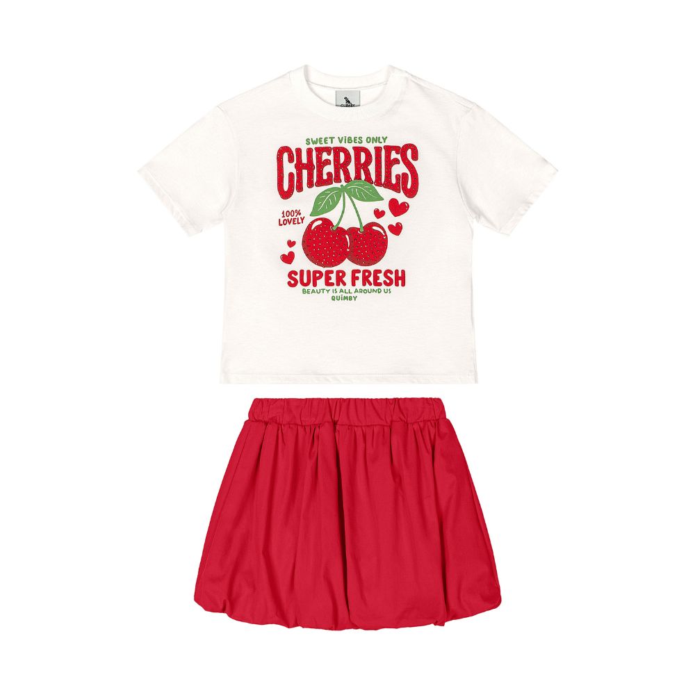 CONJUNTO BLUSA MALHA E SAIA TRICOLINE COM SHORT MALHA CEREJAS