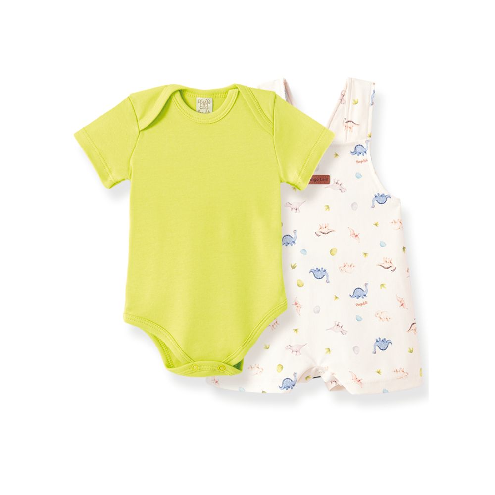 CONJUNTO BODY MANGA CURTA E JARDINEIRA TROPICAL DINOS