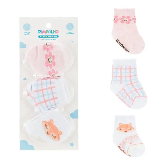 KIT MEIA PRESENTE C/3 PRS 00-15 FEM PIMPOLHO ROSA FLORES/XADREZ/RAPOSA