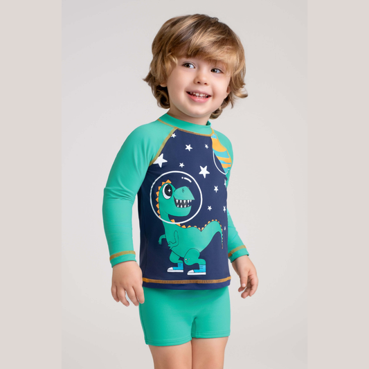 CONJUNTO CAMISETA COM PROTECAO SOLAR ESPACO UV 50+ E SUNGA BOXER MARINHO DINO ESPACIAL DEDEKA (1 ao 3)