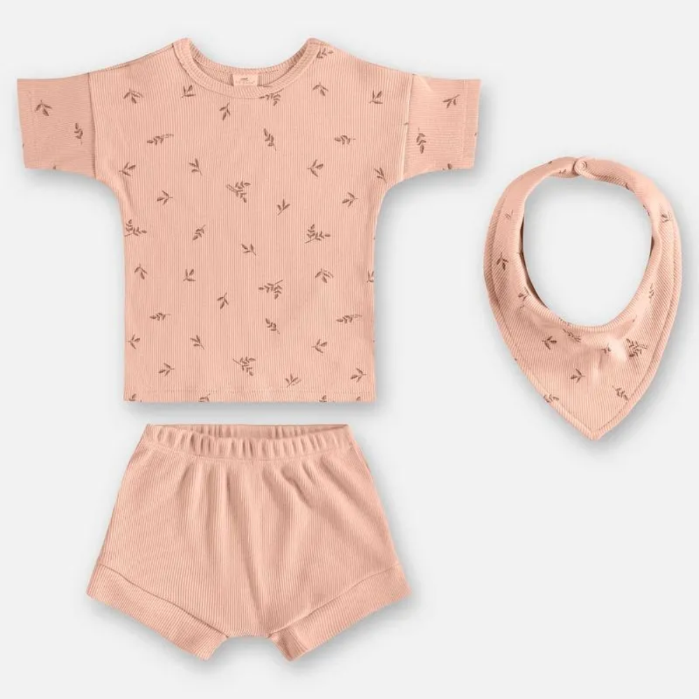 CONJUNTO BLUSA, SHORT E BABADOR EM RIBANA SUSTENTAVEL DIGITAL FLORES