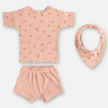 CONJUNTO BLUSA, SHORT E BABADOR EM RIBANA SUSTENTAVEL DIGITAL FLORES