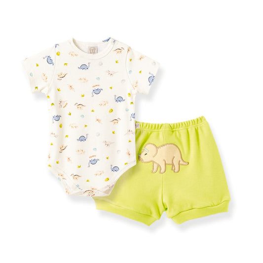 CONJUNTO BODY MANGA CURTA E SHORTS TROPICAL DINOS