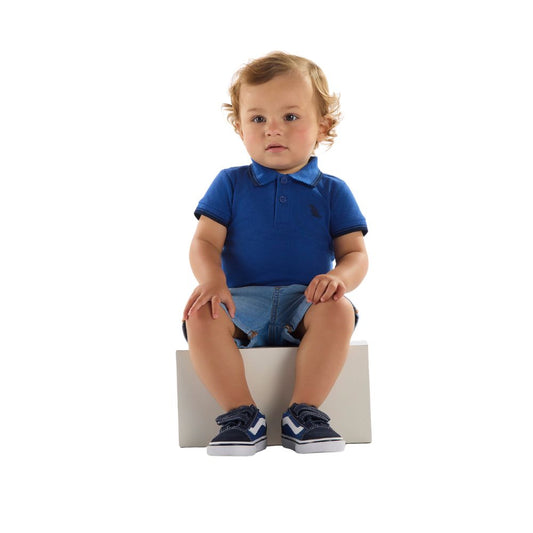 BODY POLO MANGA CURTA EM PIQUET AZUL/BRANCO