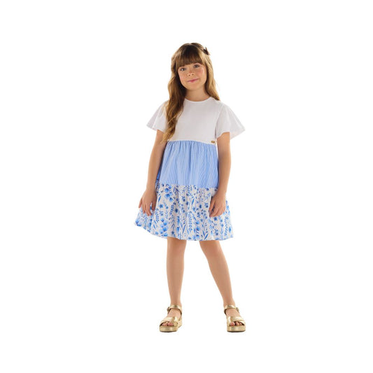 VESTIDO MANGA CURTA EM COTTON E TECIDO BRANCO
