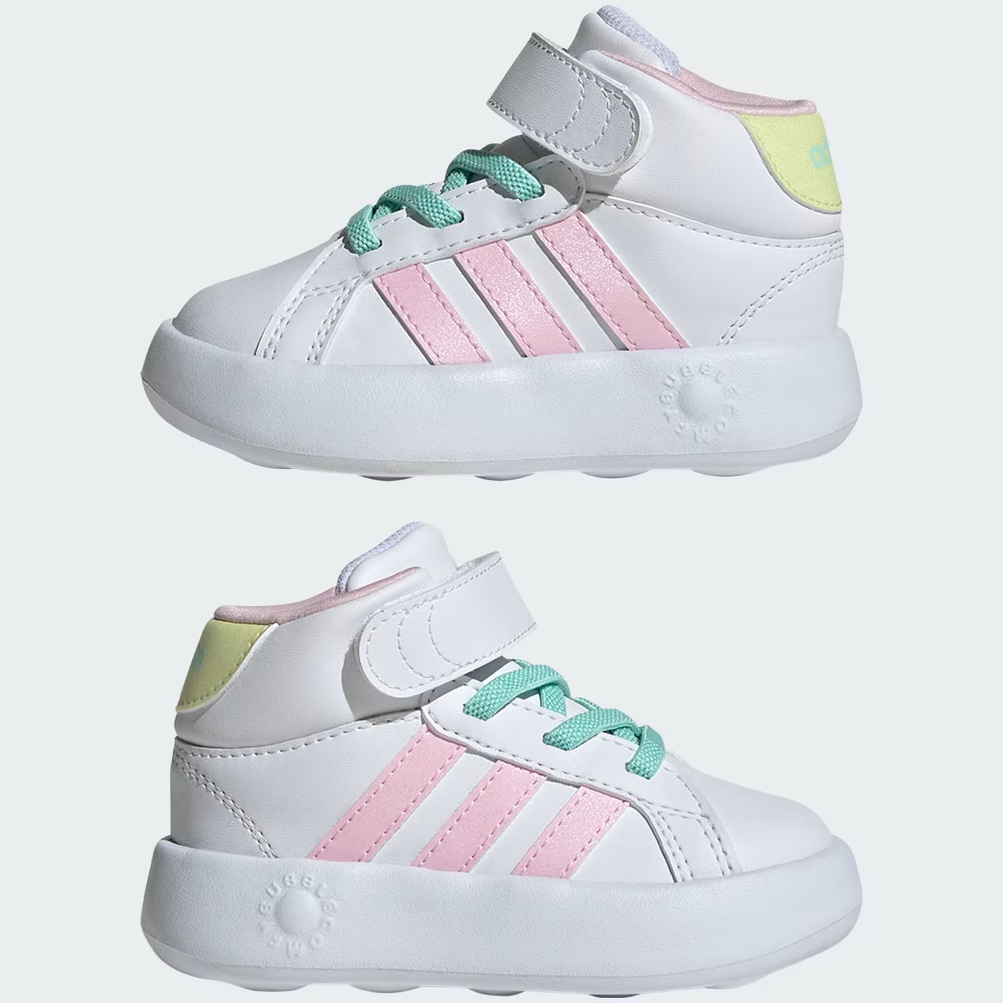 TENIS ADIDAS GRAND COURT MID KIDS BRANCO ROSA VERDE E AMARELO