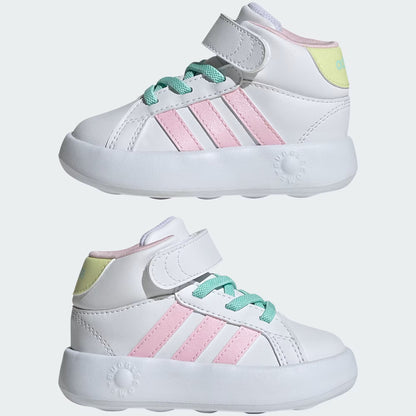 TENIS ADIDAS GRAND COURT MID KIDS BRANCO ROSA VERDE E AMARELO