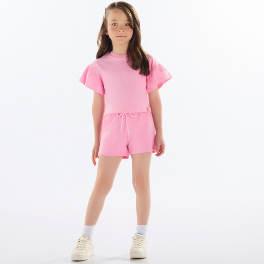 SHORT EM MOLETOM SEM FELPA ROSA/PRETO/LILAS