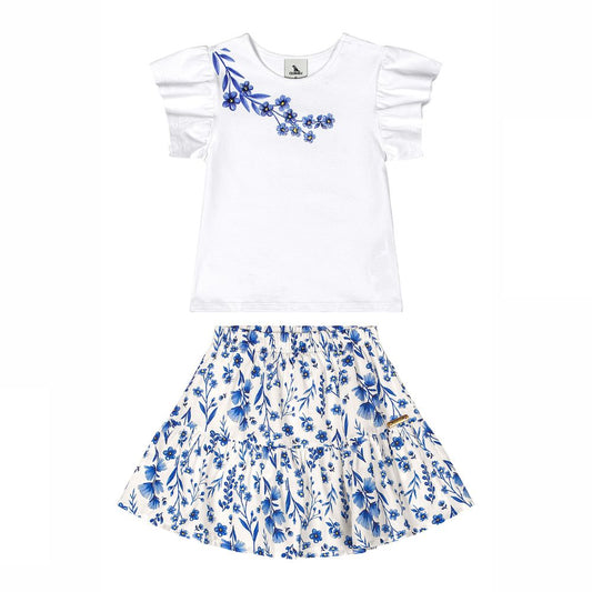 CONJUNTO BLUSA COTTON E SAIA TECIDO COM SHORT MALHA BRANCO