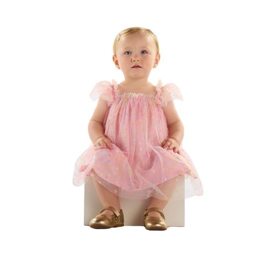 VESTIDO DE ALCAS EM TULE E MEIA MALHA ROSA