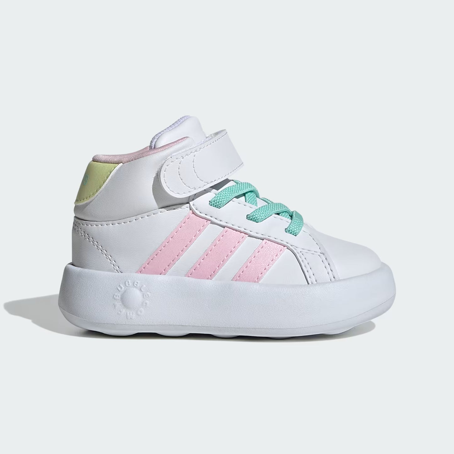 TENIS ADIDAS GRAND COURT MID KIDS BRANCO ROSA VERDE E AMARELO