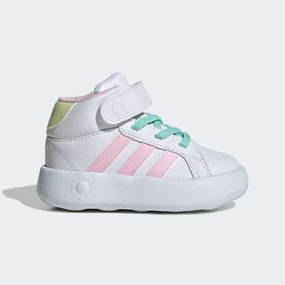 TENIS ADIDAS GRAND COURT MID KIDS BRANCO ROSA VERDE E AMARELO