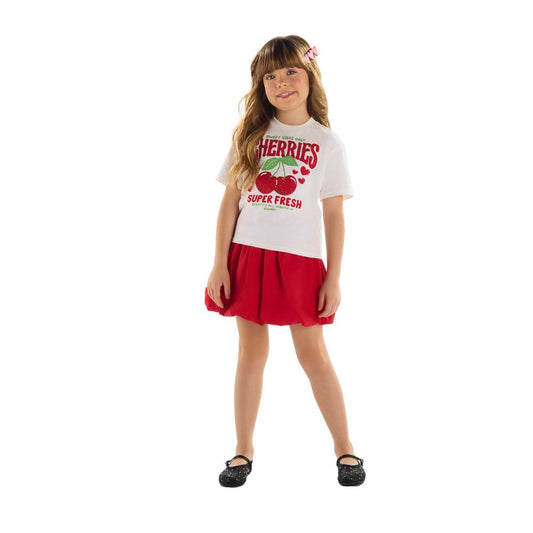 CONJUNTO BLUSA MALHA  E SAIA TRICOLINE COM SHORT MALHA CEREJAS