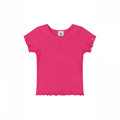 BLUSA MANGA CURTA EM RIBANA CANELADA FRAMBOESA/NATURAL/PRETO