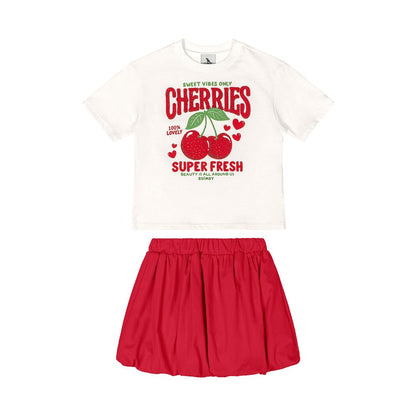CONJUNTO BLUSA MALHA  E SAIA TRICOLINE COM SHORT MALHA CEREJAS