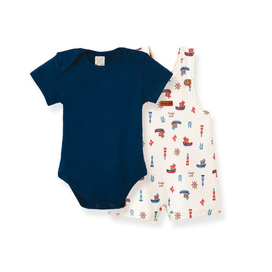 CONJUNTO BODY MANGA CURTA E JARDINEIRA NAVY BOY