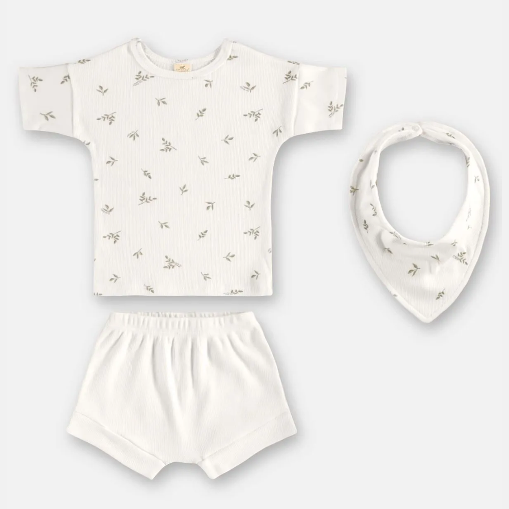 CONJUNTO BLUSA, SHORT E BABADOR EM RIBANA SUSTENTAVEL DIGITAL FLORES