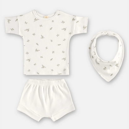 CONJUNTO BLUSA, SHORT E BABADOR EM RIBANA SUSTENTAVEL DIGITAL FLORES