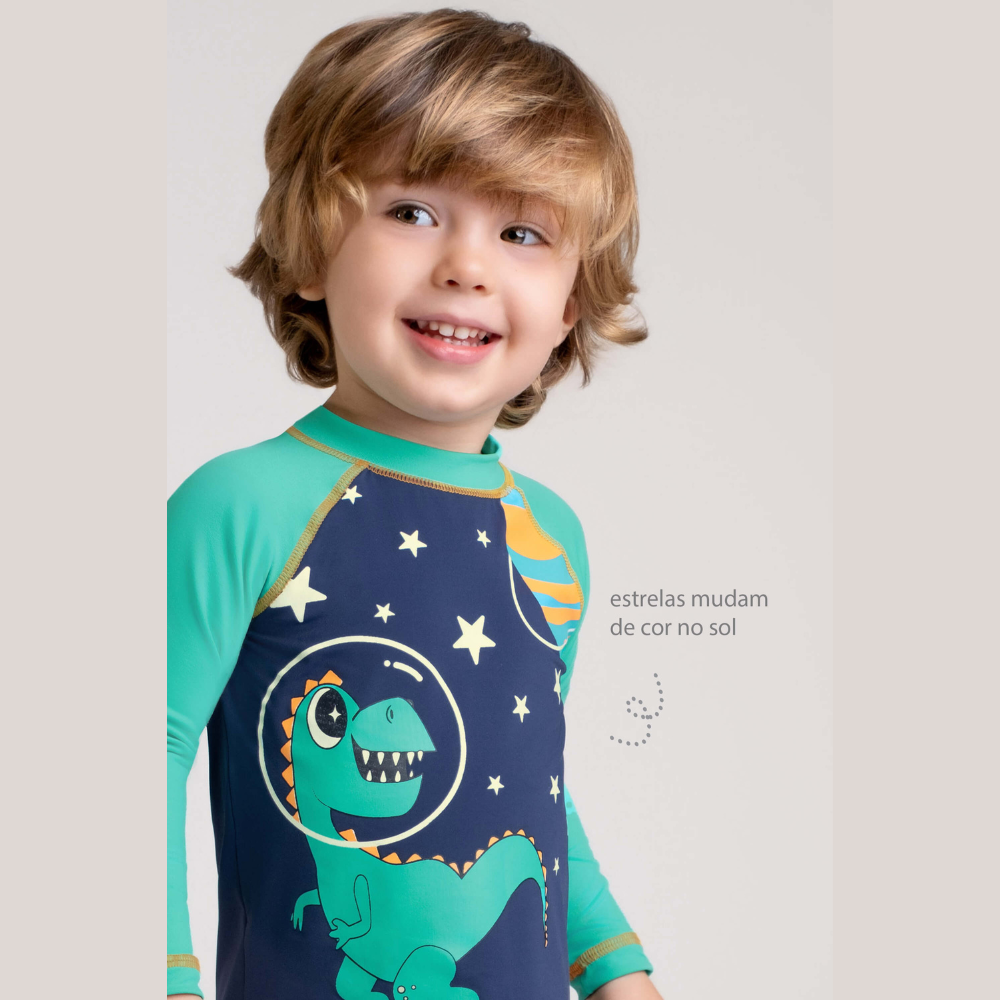CONJUNTO CAMISETA COM PROTECAO SOLAR ESPACO UV 50+ E SUNGA BOXER MARINHO DINO ESPACIAL DEDEKA (1 ao 3)