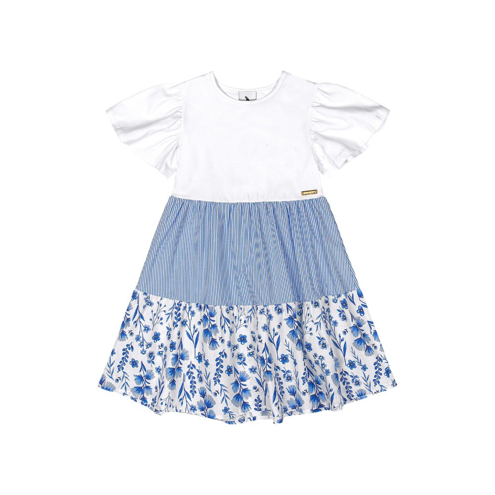 VESTIDO MANGA CURTA EM COTTON E TECIDO BRANCO